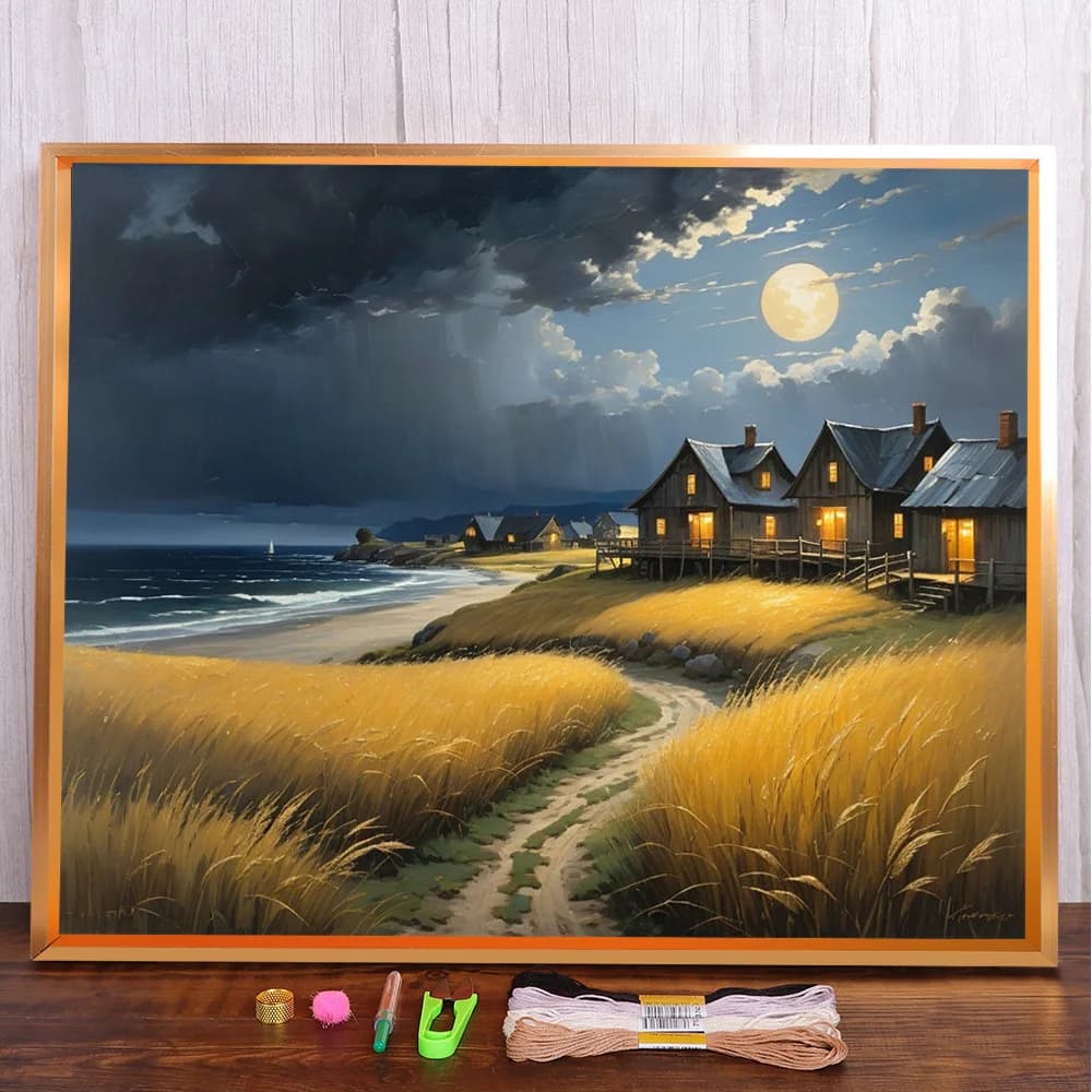 Paesaggio casa via mare tela stampata modelli punto croce ricamo maglieria cucito lavoro manuale pittura ago magico all'ingrosso
