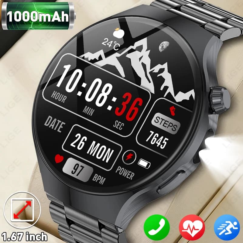 Men Smart Watch Bluetooth Call 1000mAh Battery 2026 New 1.67" HD Screen LED Flashlight Heart Rate Monitor Sport Smartwatch Women