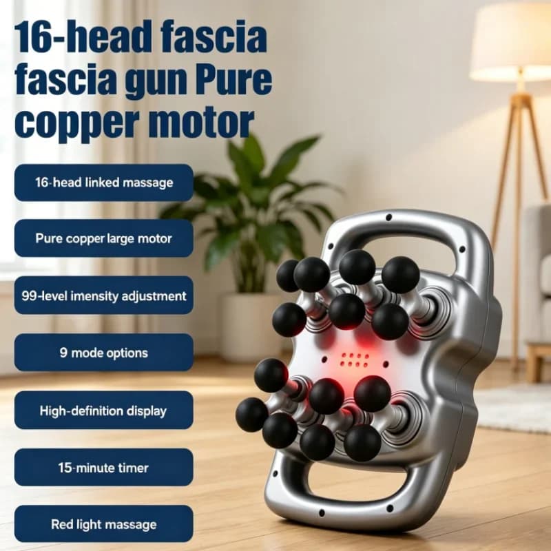 Pistola Massaggiante Professionale a Vibrazione ad Alta Frequenza a 16 Testine per Fascia Muscolare, Massaggiatore Completo per Vita, Spalle, Schiena, Gambe e Tutto il Corpo