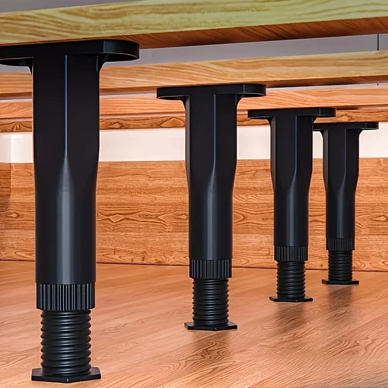 4 gambe per letto regolabili per carichi pesanti con barra centrale rinforzata e piedini regolabili in altezza - Supporto per mobili in plastica nera