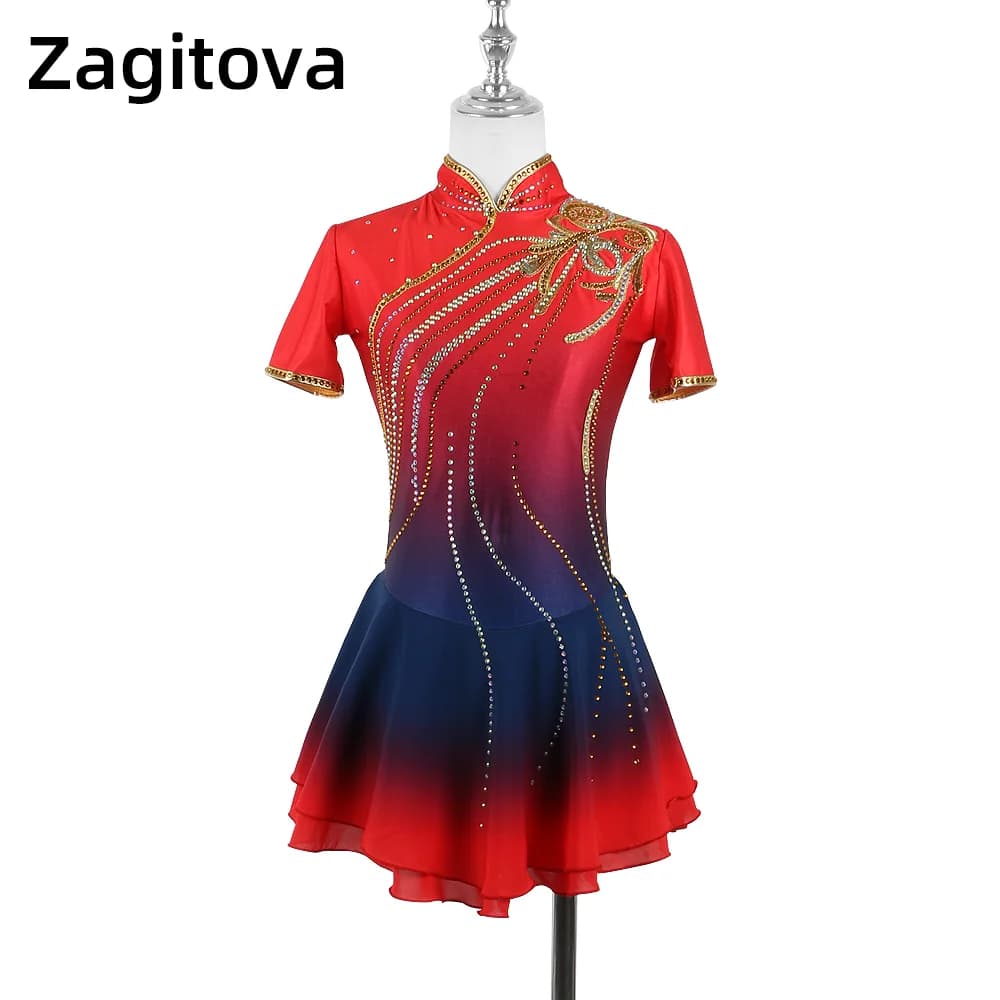 Abito da pattinaggio artistico Zagitova per donna gonna da pattinaggio su ghiaccio per ragazze Performance Competition Shiny Diamond Gradient Black Red