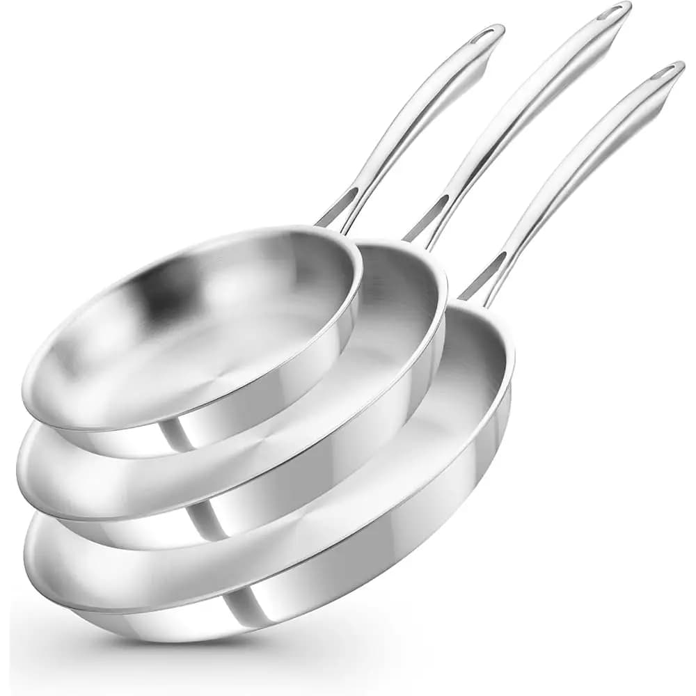 Set di 3 Padelle in Acciaio Inox, Padelle Tri-Ply da 8, 10 e 12 Pollici con Manico Isolante, Non Tossico