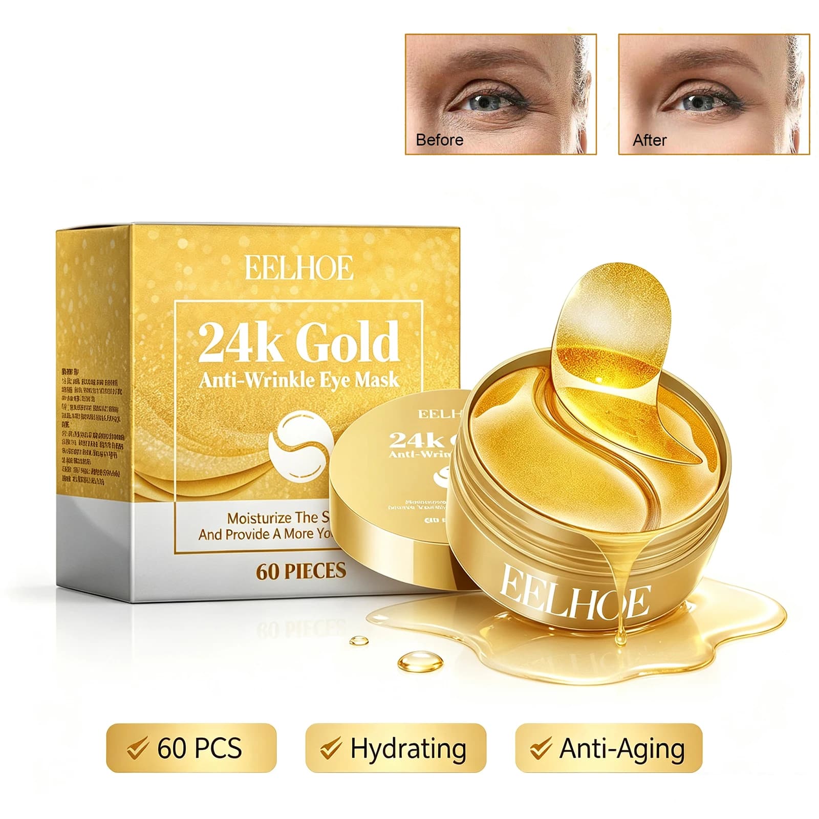 60Pcs 24K Gold Anti‑Wrinkle Eye Mask Collagen Hyaluronic Acid Eye Patches Moisturizing Brighten Dark Circles Firming Under‑Eye