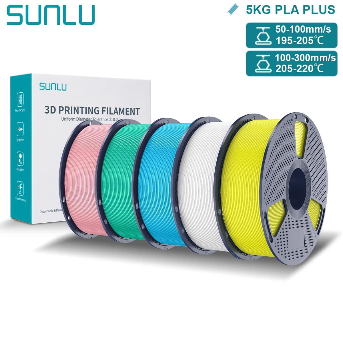 SUNLU PLA+ Filament 1.75mm for 3D FDM Printers High Tenacity Multicolor Wrap Precision 5KG Material PLA Plus