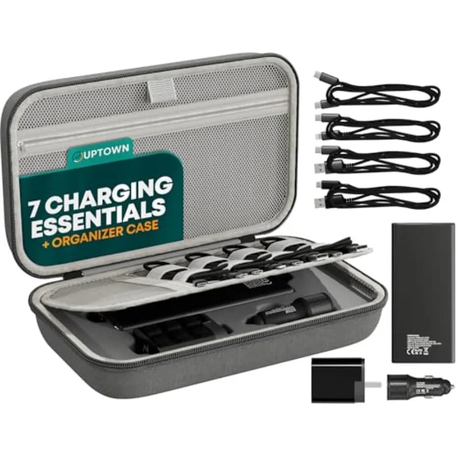 Kit di Ricarica da Viaggio: Power Bank da 10.000mAh, Adattatore da Muro GaN da 45W, Caricatore per Auto da 48W, 4 Cavi, Custodia Organizer in Nylon Nero per Porta