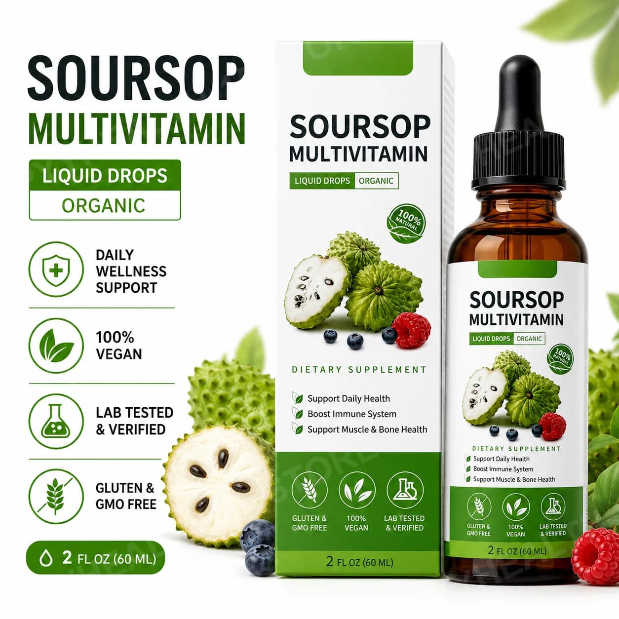 Organic Soursop Liquid Drops 60ml with Vitamins B6 C D, Soursop 10:1 Botanical Formula, Daily Wellness Supplement 30 Servings