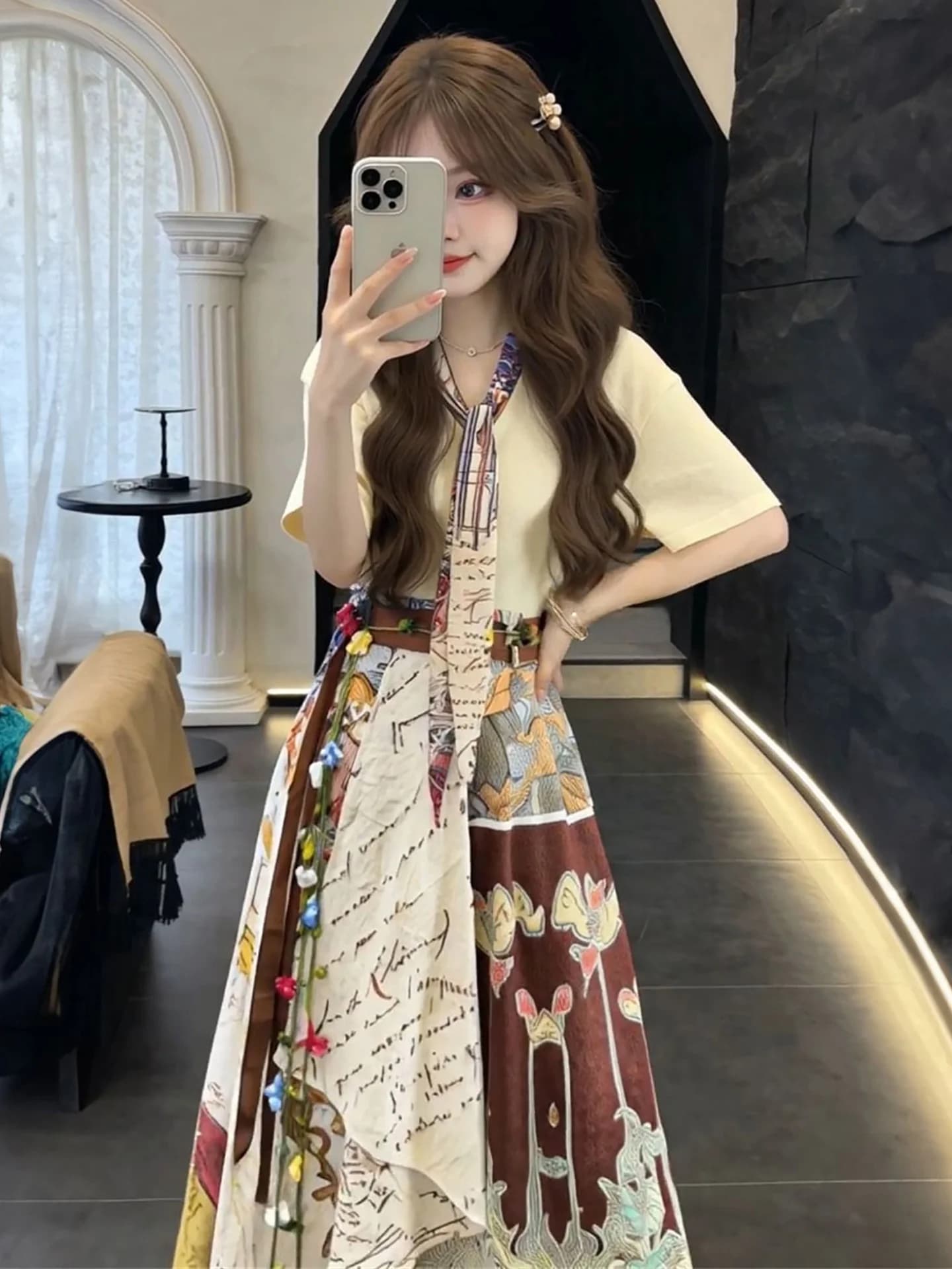 Summer New High Waist Printed Half Skirt Set with Apricot Short Sleeve Shirt Women's Two Piece Suit Fashionable Casual Outfit