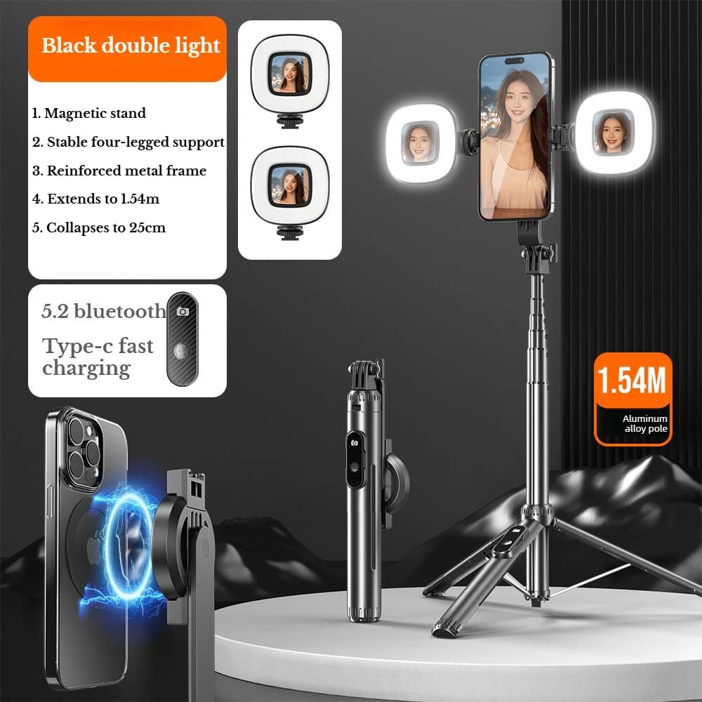 Treppiede magnetico per selfie stick da 1,54 m, impugnatura regolabile per telefono cellulare e supporto portatile con anello in metallo per selfie e video Gopro