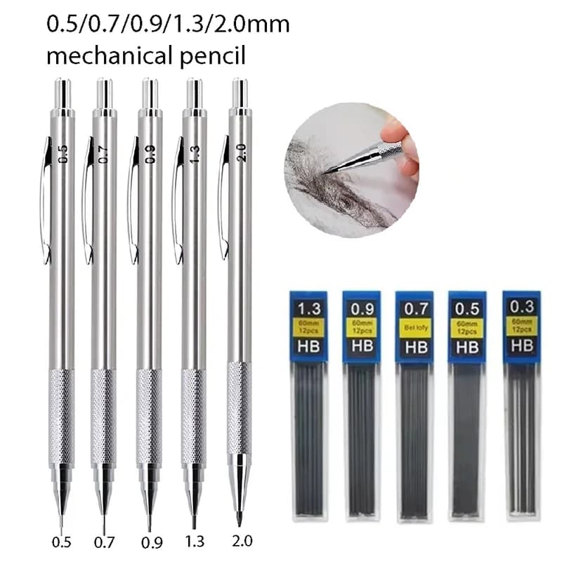 0.3 0.5 0.7 0.9 1.3 2.0mm Metal Mechanical Pencil Set For School Art Sketch Writing Stainless Steel Automatic Pencils Supplies