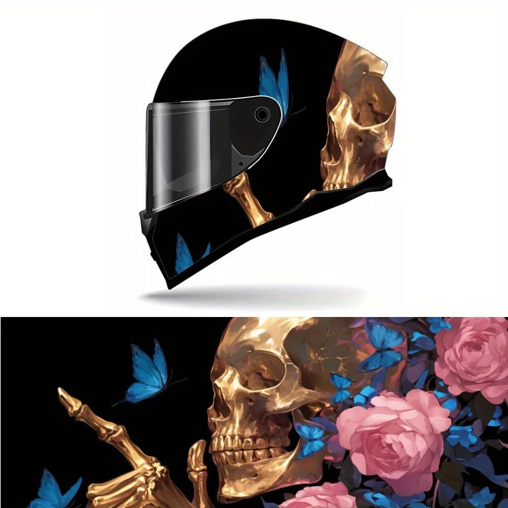 Teschio dorato maestoso e graziose farfalle blu Custodia in vinile per casco da motociclista in PVC, adesivo impermeabile autoadesivo, Anti-Scr