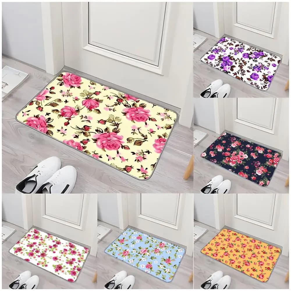 Pattern Gentle F-Floral Pattern Floor Mat Non-Slip Washable Flannel Door Mat Absorbent Indoor Floor Rug