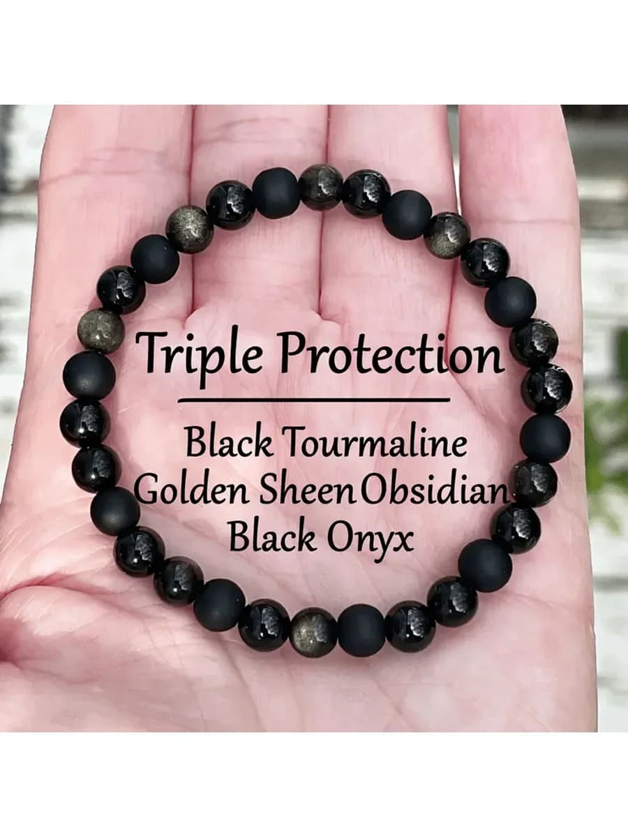 1pc Triple Protection Bracelet - Black Beryl, Black Obsidian, Black Agate, Crystal Bracelet For Emotional Stability And Balance