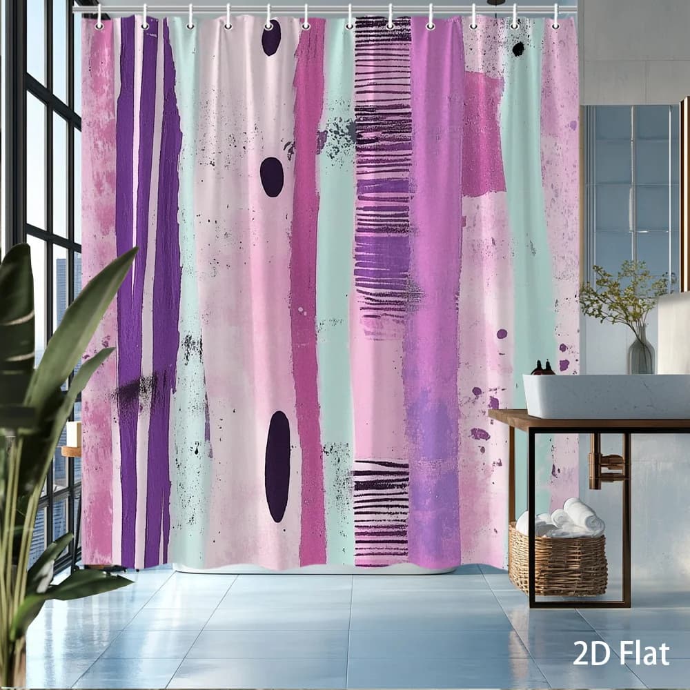 Tenda da doccia con motivo astratto a pennello, rosa, viola, menta, stampa piatta 2D, decorazione per il bagno in poliestere, 72"x72", con 12 ganci