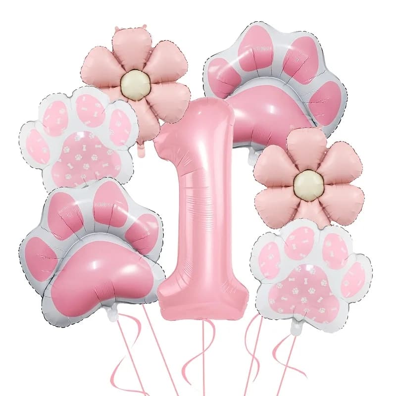 Set di 7 Palloncini a Tema Zampa di Cane e Margherita Rosa, Decorazioni per Feste di Compleanno a Tema Animali, Palloncini per Baby Shower