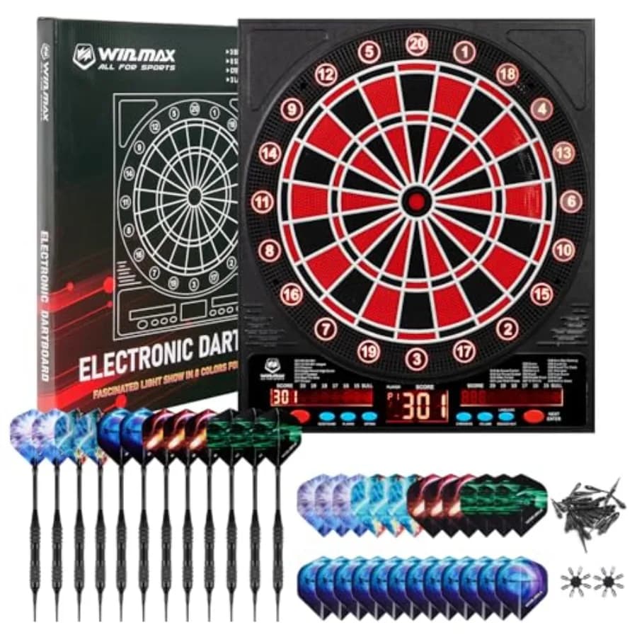 Tavolo da freccette elettronico per adulti: punta morbida, nero con dettagli rossi, display illuminato e punteggio automatico per un massimo di 8 giocatori