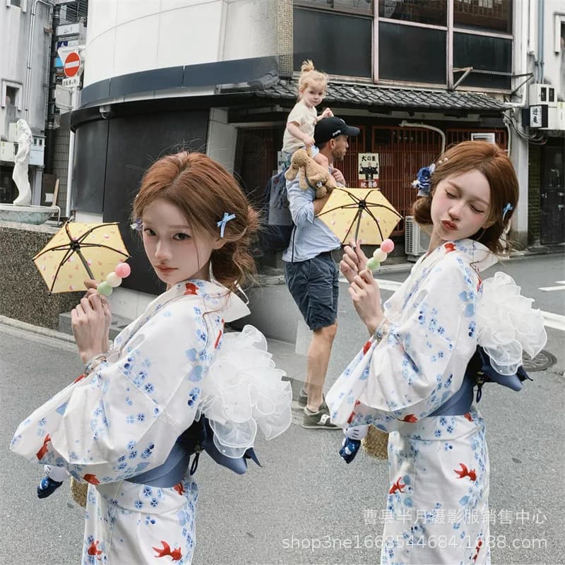 Traditional Japanese Kimono Dress Women's New Style Photography Shoot Bathrobe Dress Polyester Fiber Ethnic Stage Costume