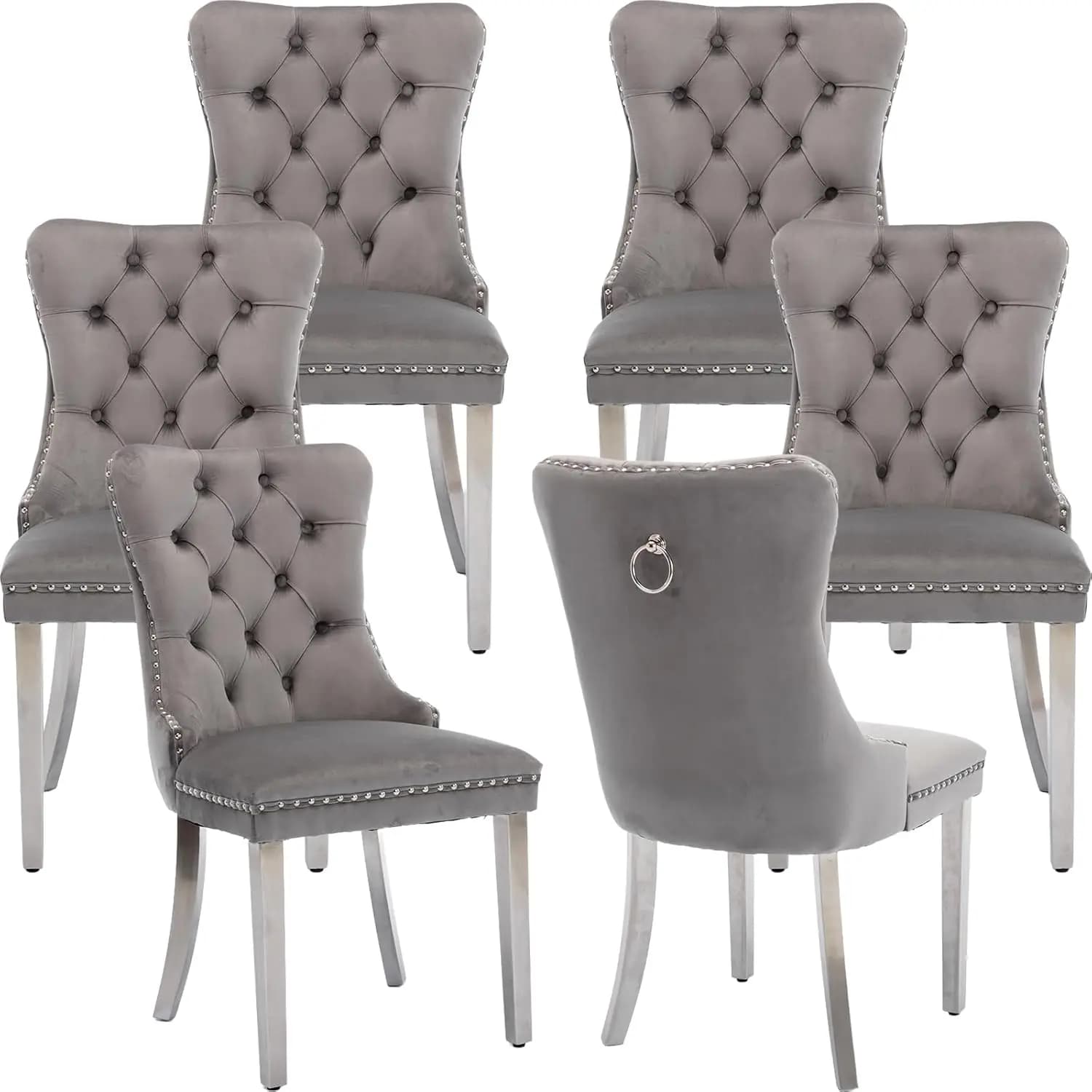 Set di 6 Sedie da Pranzo in Velluto Stile Mid-Century, Schienale Trapuntato, Gambe in Metallo Argento, Finitura con Borchie, per Cucina, Personalizzabili