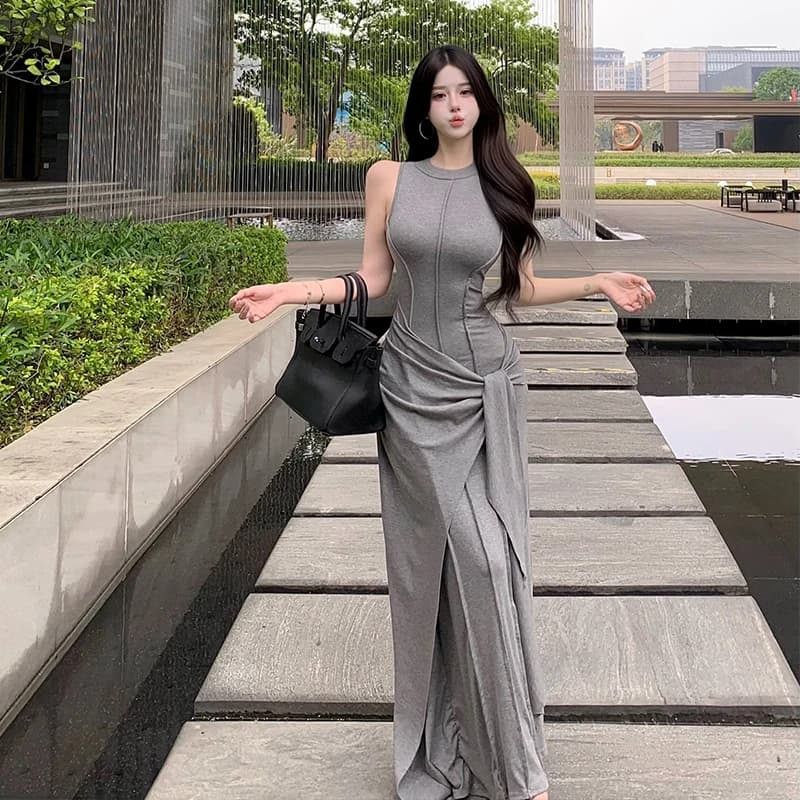 Summer Women's Sleeveless Vest Dress High Waist Fish Tail Skirt Design Belted Bodycon Long Dress Elegant Lady Style Knitted Gown