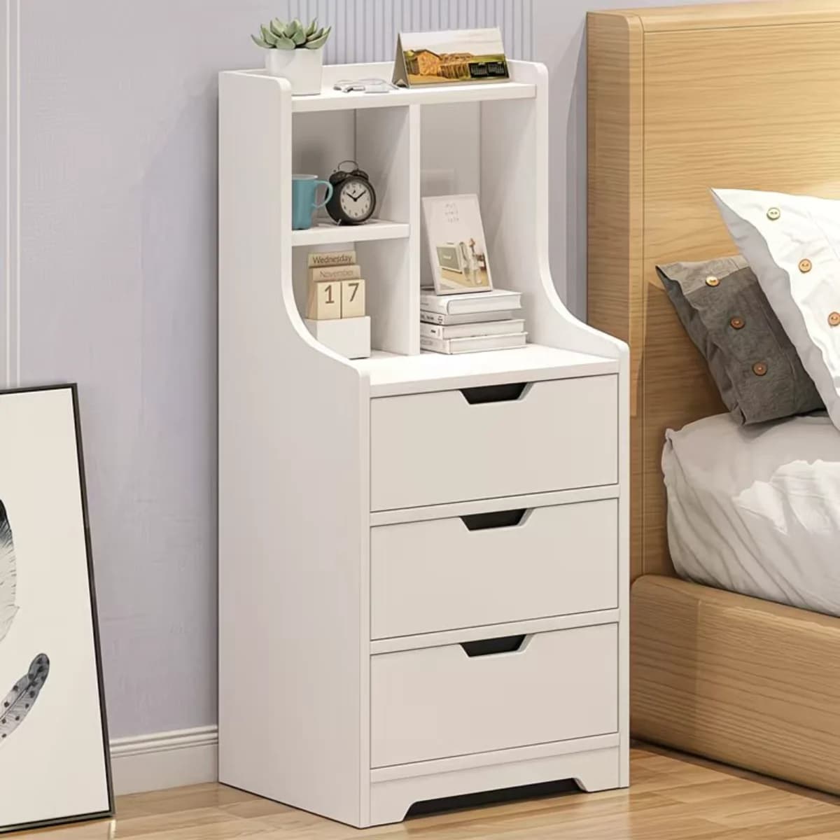 Comodino verticale moderno, organizer portaoggetti con 3 cassetti e ripiano per piccolo spazio, camera da letto, soggiorno, ufficio