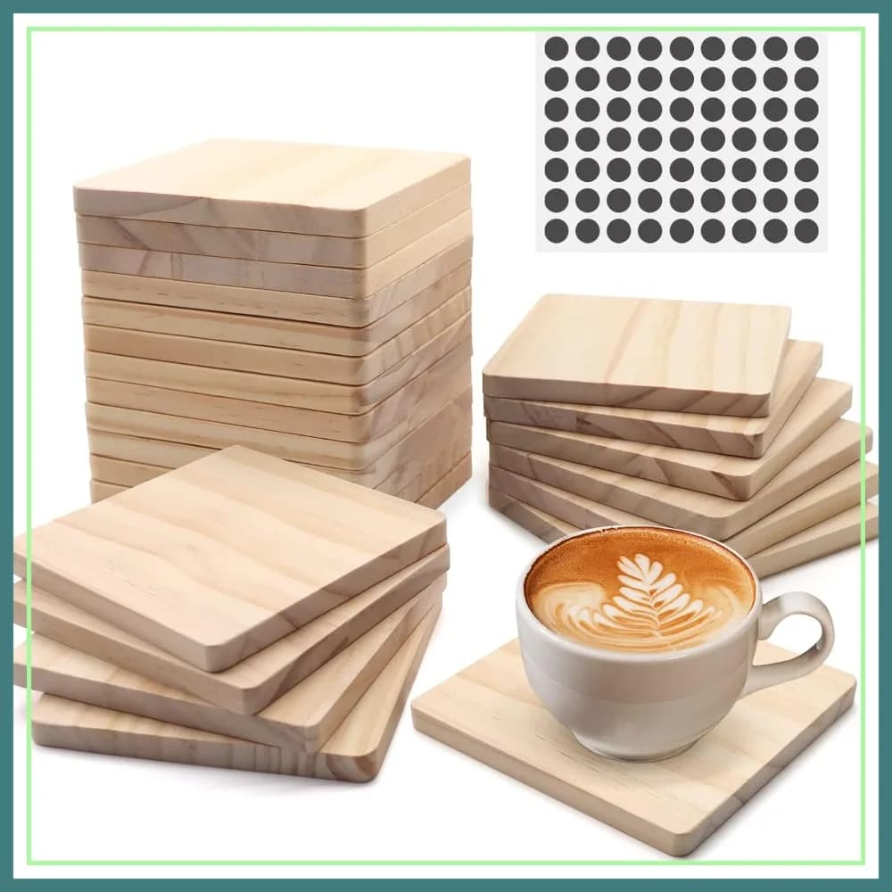 24 sottobicchieri quadrati in legno non rifinito da 4 pollici per fai da te, con adesivi in schiuma antiscivolo per pittura, impregnazione, incisione laser - Decorazioni per la casa