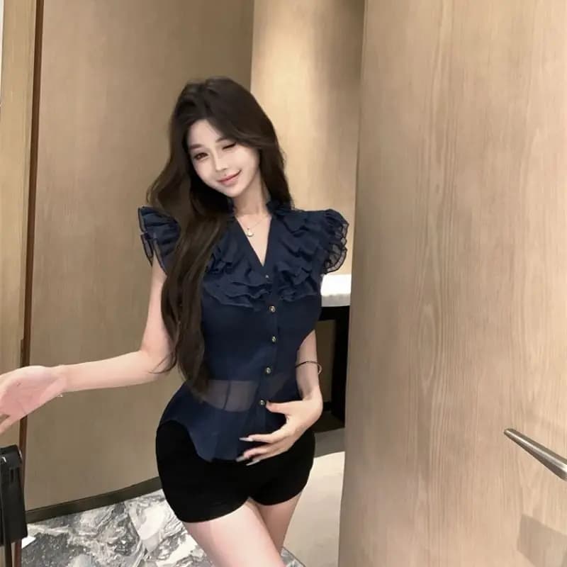 French Chiffon Shirt Sleeveless 2025 Spring Summer New Design Tempering Blusas De Mujer Top casual Femme