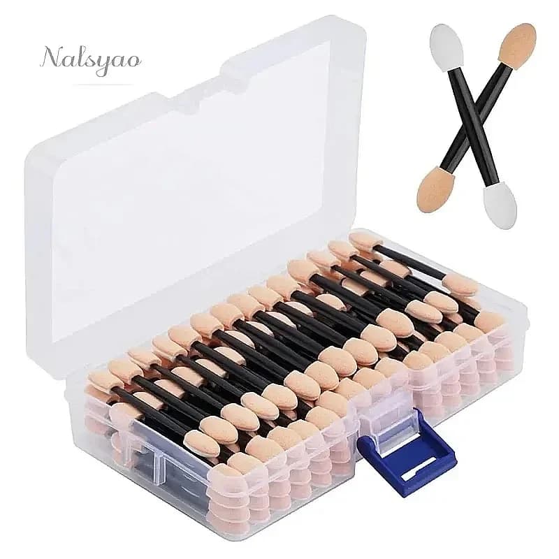 Cuttte 100PCS Disposable Dual Sided Eye Shadow Sponge Applicators with Container, Long Eyeshadow Brushes Makeup Applicator