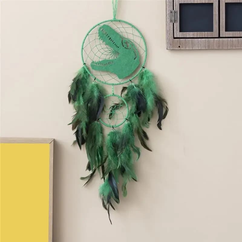 B84B Dinosaur Dream Catcher with LED Light, Feather Handmade Home Decor Wall Hanging Double Ring for Kids Bedroom