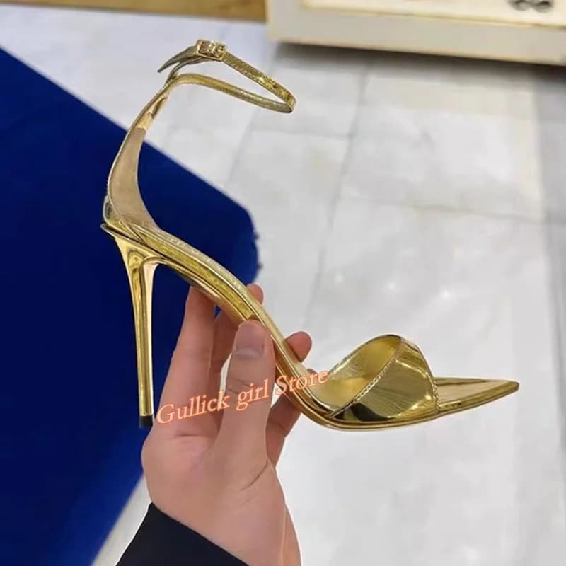Gold Patent Leather Sandals Sexy Pointy Toe Ankle Buckle Strap Stiletto Thin High Heel Black 2026 Summer Women Dress Shoes