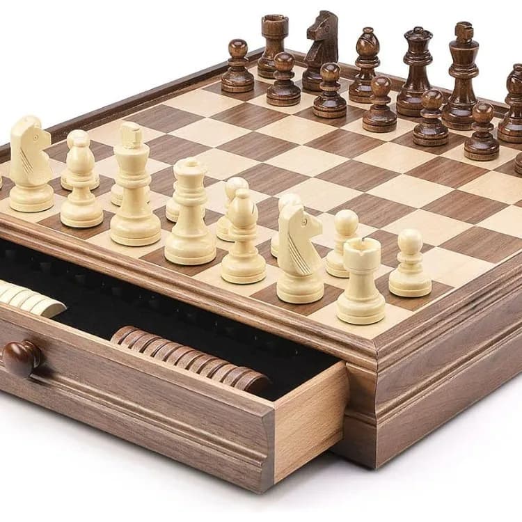 Walnut Solid Wood 2 in 1 Chess & Checkers Set with Storage Drawer