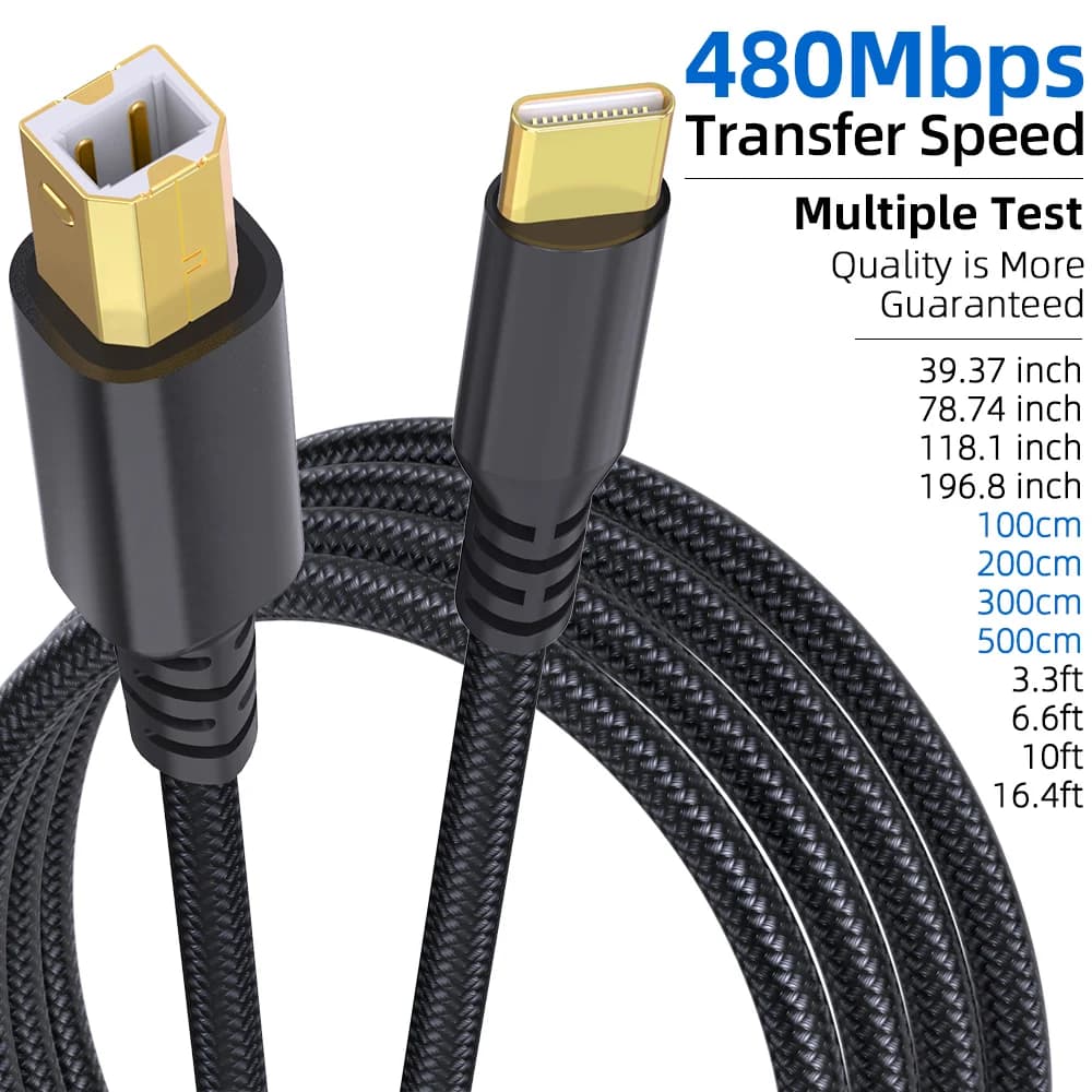 USB B to USB C Printer Cable Plug And Play Nylon Braided Printer Scanner Cord For HP Canon Epson Lexmark Printer Scanner Copier