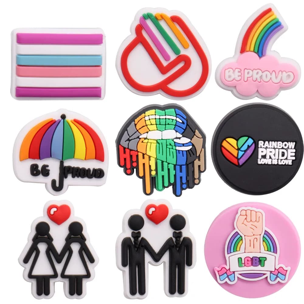 1pcs PVC Shoe Charms Fit Wristbands Colorful Umbrella Be Proud Rainbow Pride Love Is Love LGBT Hole Slipper Decoration Gift