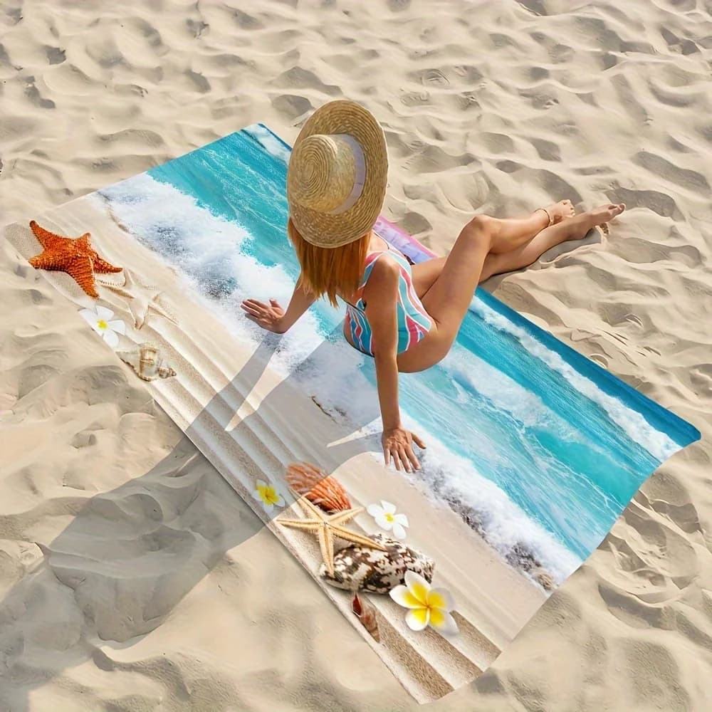 Asciugamano da spiaggia con onde e conchiglie, protezione solare e antivento, adatto per piscina da spiaggia, campeggio, viaggio, coperta da spiaggia