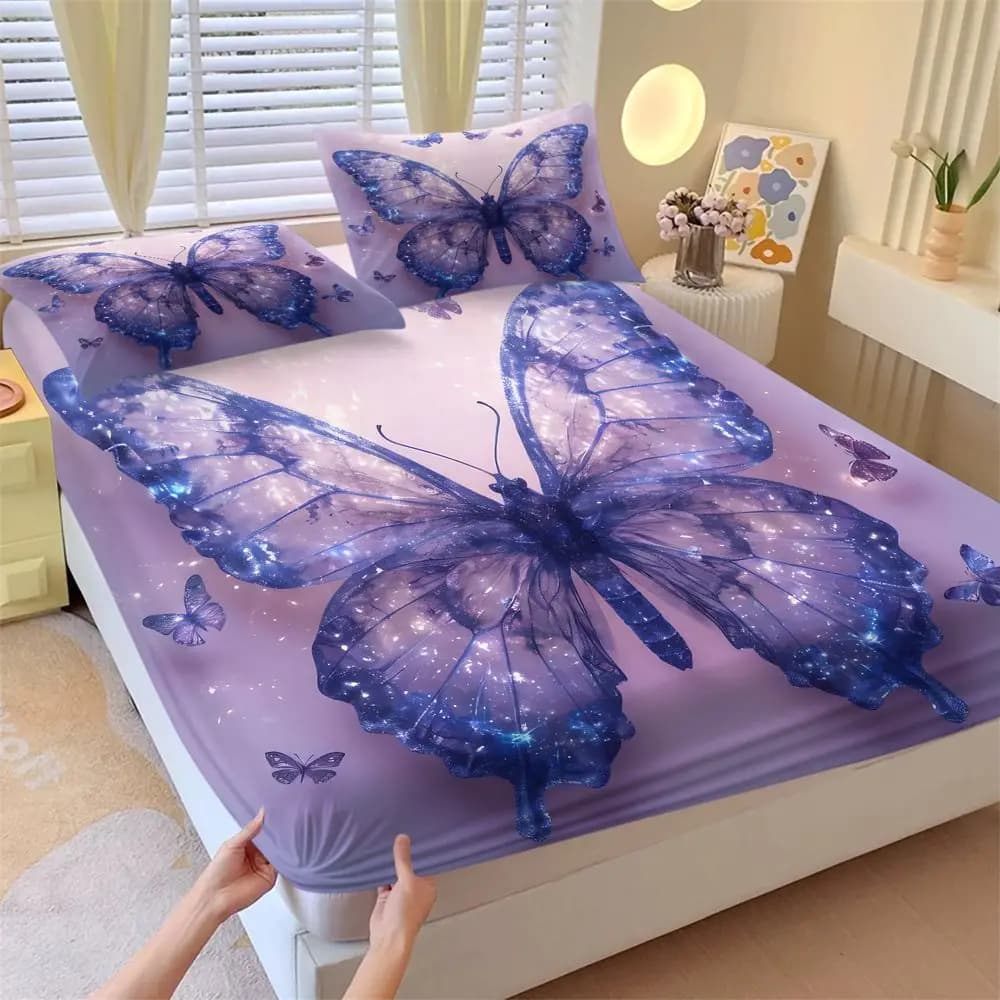 Cosmic Galaxy Butterfly Bedding Set Starry Night Fitted Sheet Set Soft Bed Sheets Set for Bedroom Aesthetic Room Decor