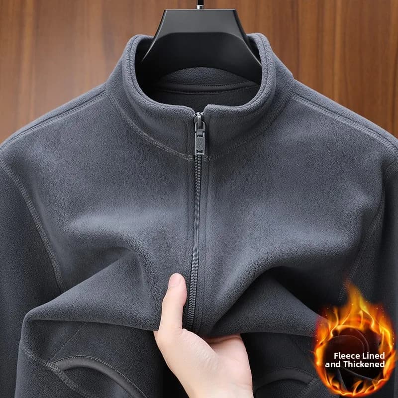 Men's Winter Thickened Double-sided Fleece Hoodie Stand Collar Jacket Fashionable Knitted Cardigan Polyester Spandex Blend