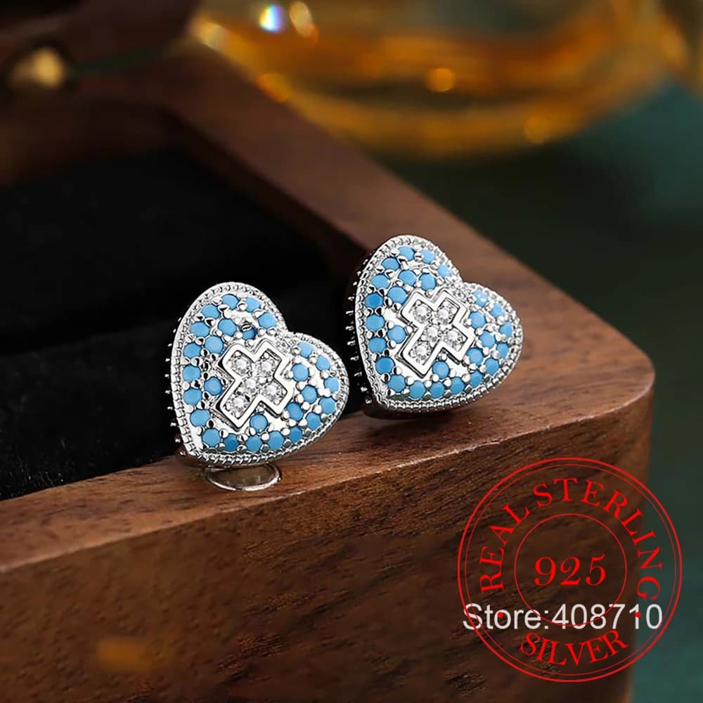 Orecchini a Perno in Argento Sterling 925 con Cristallo Turchese Blu a Forma di Croce e Cuore per Donne, Gioielli per Matrimoni e Feste, Regalo per Ragazze e Amiche