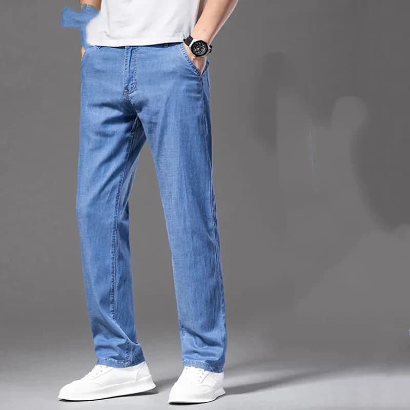 Mens Spring Summer Stretch Straight Jeans Casual Loose Denim Pants