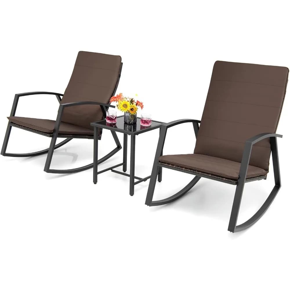 3-piece rocking bistro set, patio rattan rocking chairs set with table and 2 cushions with high back, rocking furniture set for
