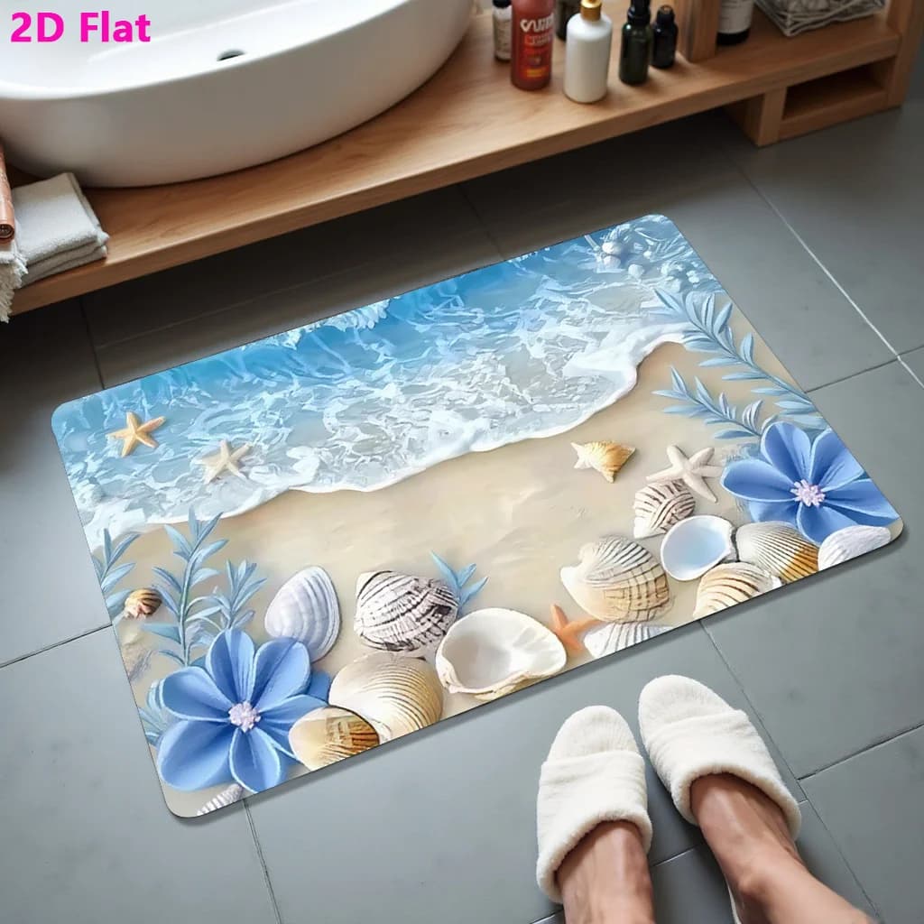 Blue Flower Bath Mat Ocean Shells Floor Mat Non Slip Bathroom Rug Soft Carpet Welcome Mats for Front Door Home Decor