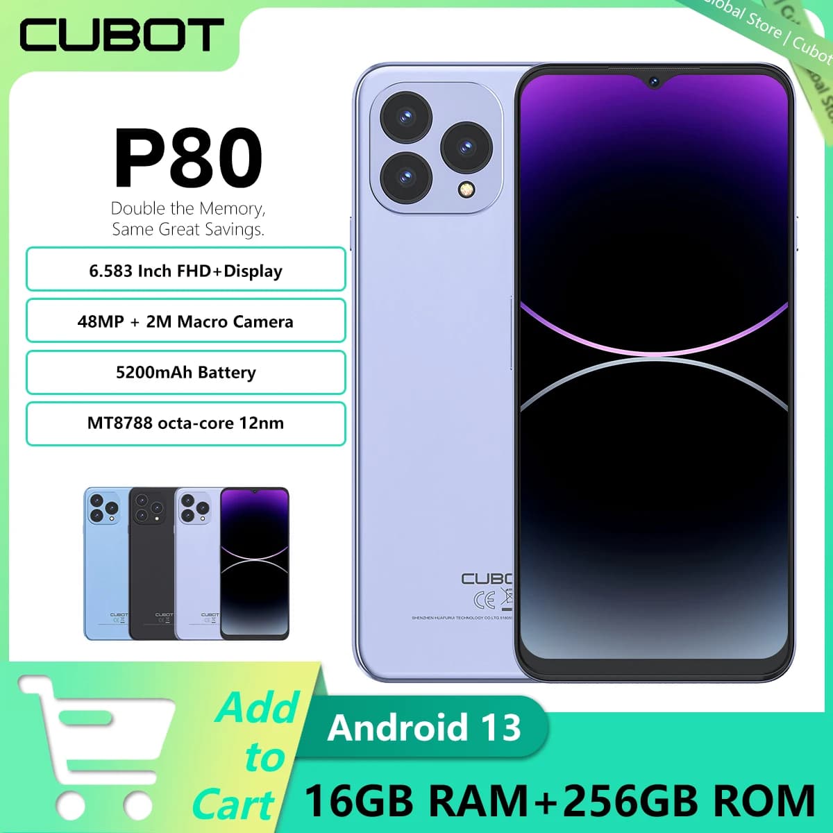 Cubot P80 Versione globale Smartphone Android 13 6.583" FHD+ Schermo 16 GB di RAM (8 GB + 8 GB) 256 GB di ROM 48 MP Fotocamera 5200 mAh Batteria NFC
