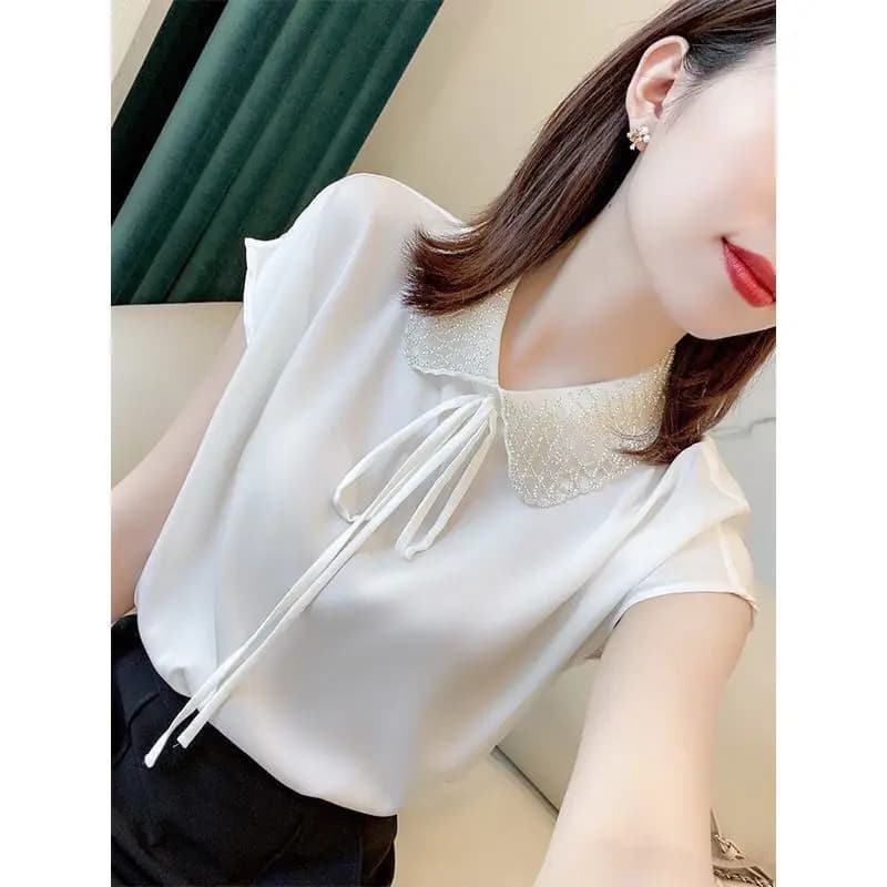Elegant Acetate Satin Women's Shirt Short Sleeve Doll Collar White Top Korean Style Loose Fit Commute Fashion Pure Color