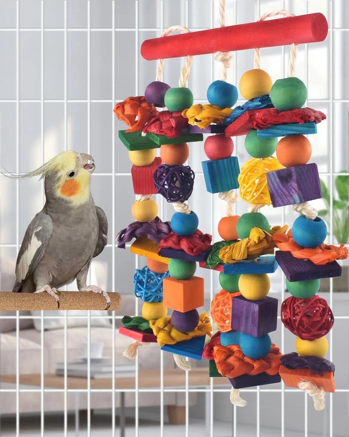 Giocattoli per uccelli, giocattolo da masticare per parrocchetti, blocchi di legno naturale multicolore Uccelli Pappagallo Giocattoli da strappo con palline di vimini in rattan medie