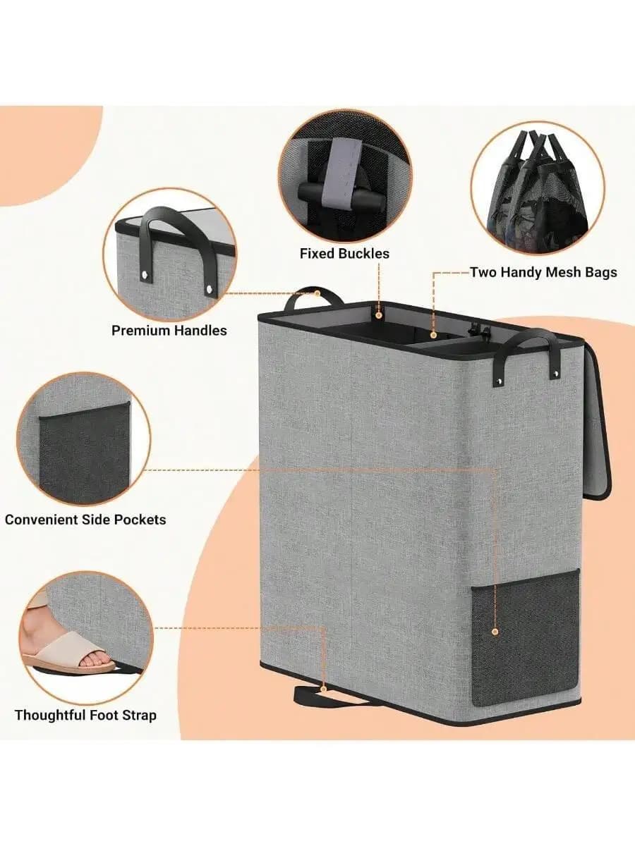Large Double Laundry Hamper With Lid, Removable Bags Reinforced Handles, 2 Section Tall Laundry Basket, Dirty Clothes Hampers