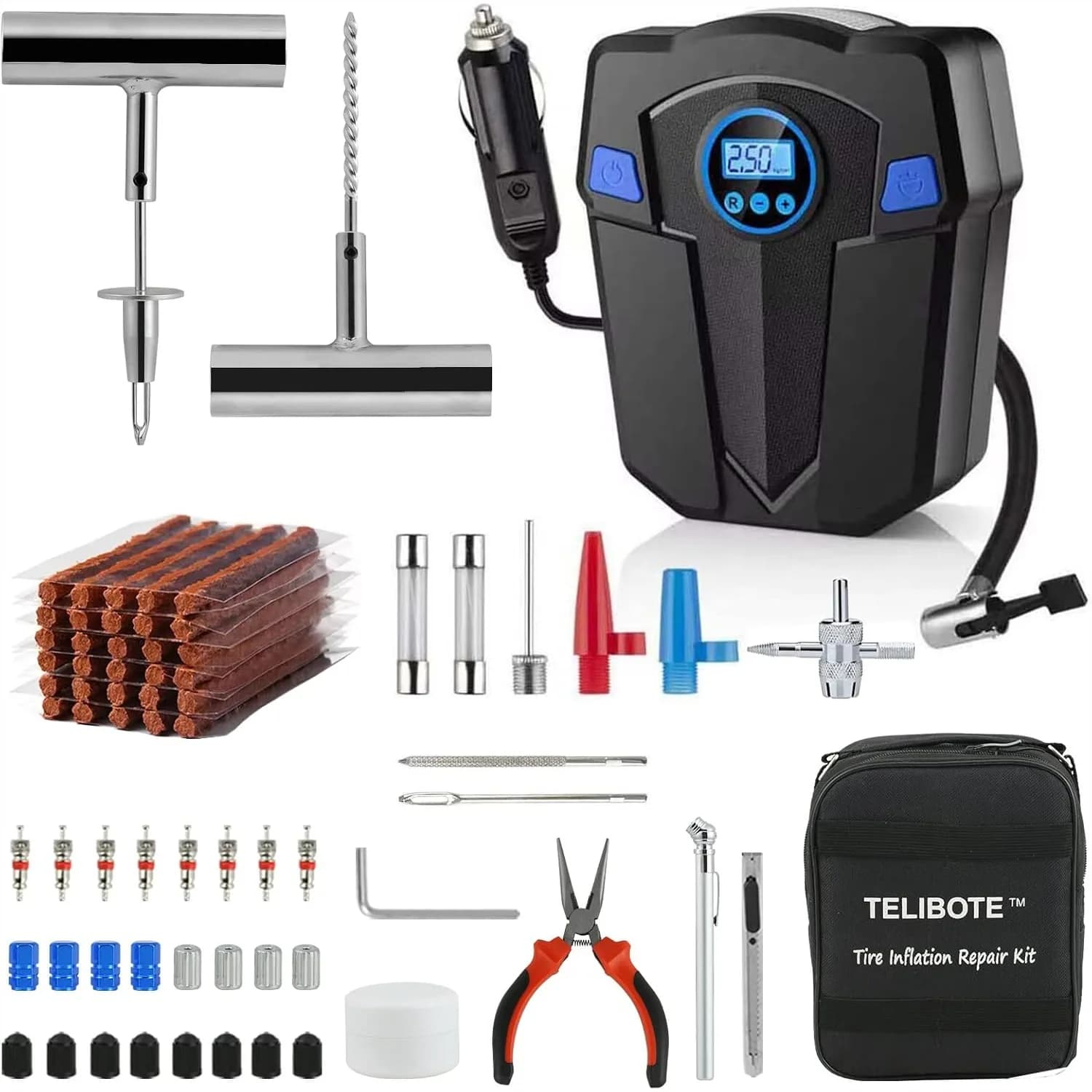 Kit di Riparazione Pneumatici con Compressore d'Aria Portatile 12V per Auto, SUV, Camion, Moto, Gonfiatore Pneumatici fino a 150 PSI