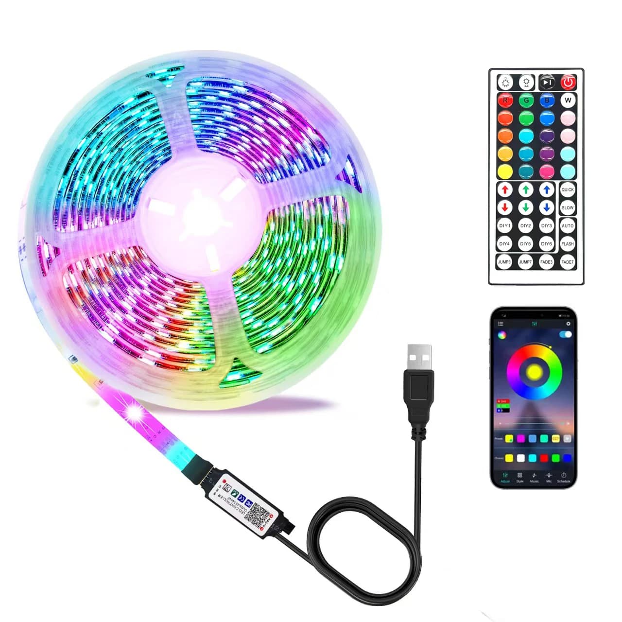 Striscia LED RGB 5050 con Telecomando IR a 44 Tasti e Controllo App, Lampada Decorativa Flessibile e Colorata per Armadi, Stanze, Feste