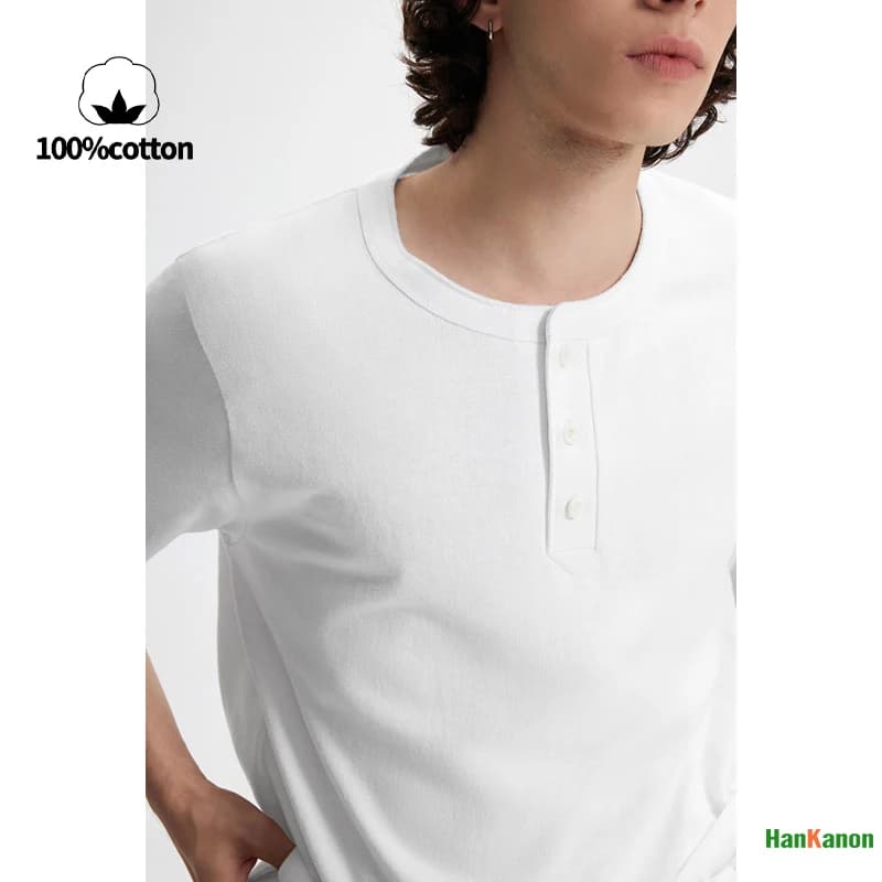 Men's Heavyweight Cotton Henley Neck T-Shirt 250g American Casual Style Base Layer Top100%Cotton Breathable and Sweat-absorbent