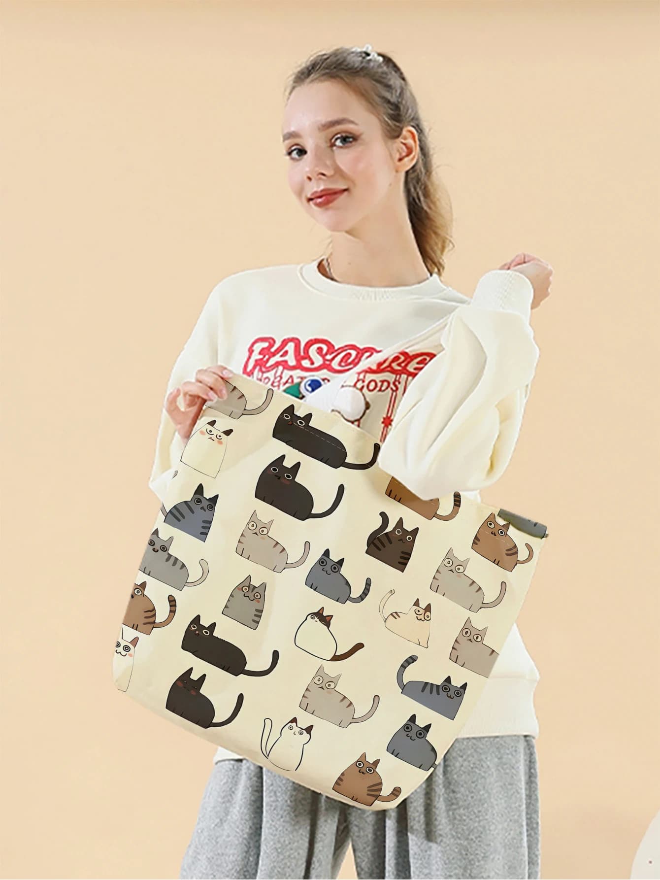 1 piece, bag with animated cat pattern, reusable fashion bag, multifunctional bag, printed canvas shopping bag