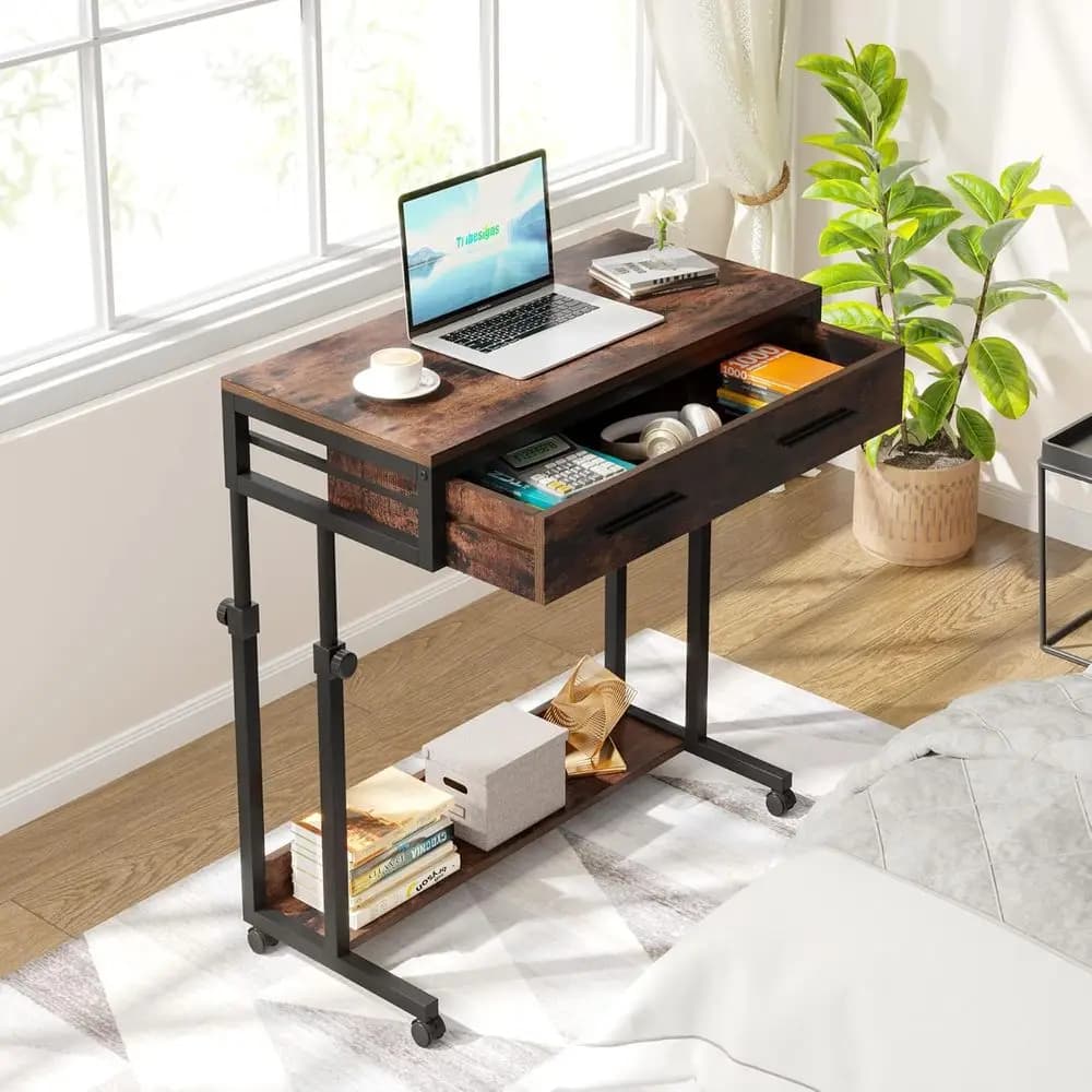 Scrivania Compatta con Ruote e Vano Portaoggetti, Supporto Portatile per Laptop su Ruote per Ufficio Domestico