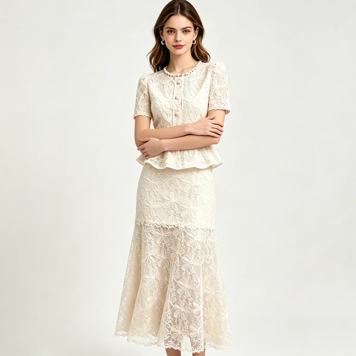 PUAL Set di abiti a due pezzi in pizzo floreale da donna, top peplum a maniche corte con collo in perle + gonna lunga a sirena, elegante completo formale da festa.