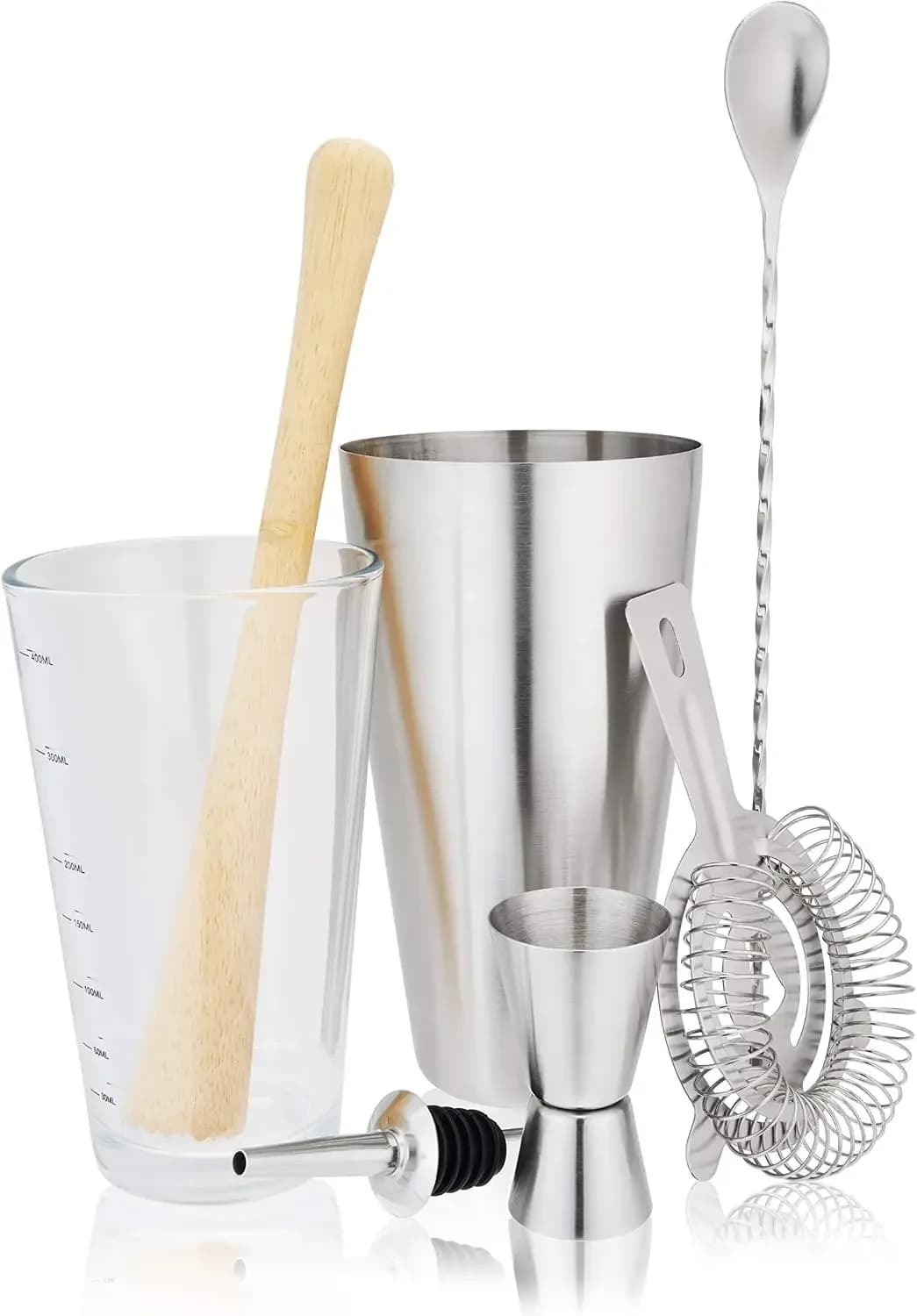 7-Piece Barware Set for Cocktails & Mixed Drinks, Boston Shaker, Mixing Glass, Jigger, Muddler, Strainer, Spoon, Pour Spout