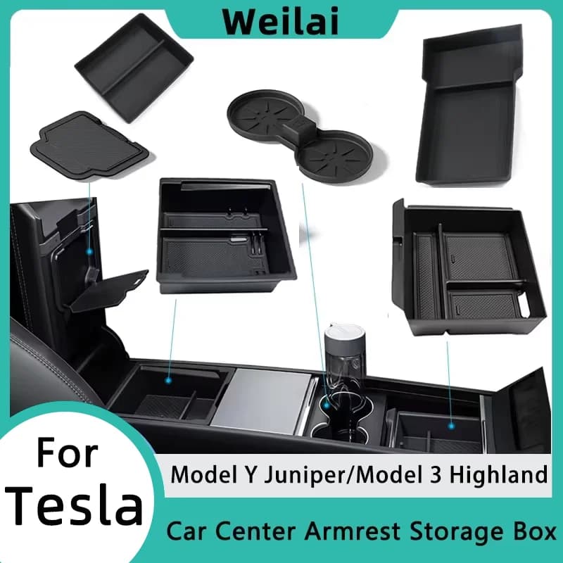 Vassoio portaoggetti per console centrale con coperchio per Tesla Model Y Juniper 2026 e Model 3 2025 Highland, accessori per l'ordine